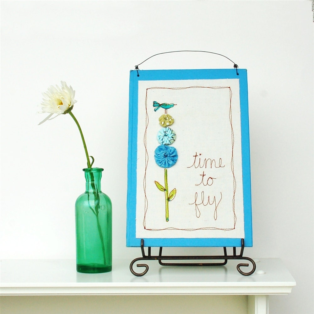 bird decor for nursery, decorative blue word art, child's room decor, garden embroidery READY TO SHIP by mamableudesigns on etsy