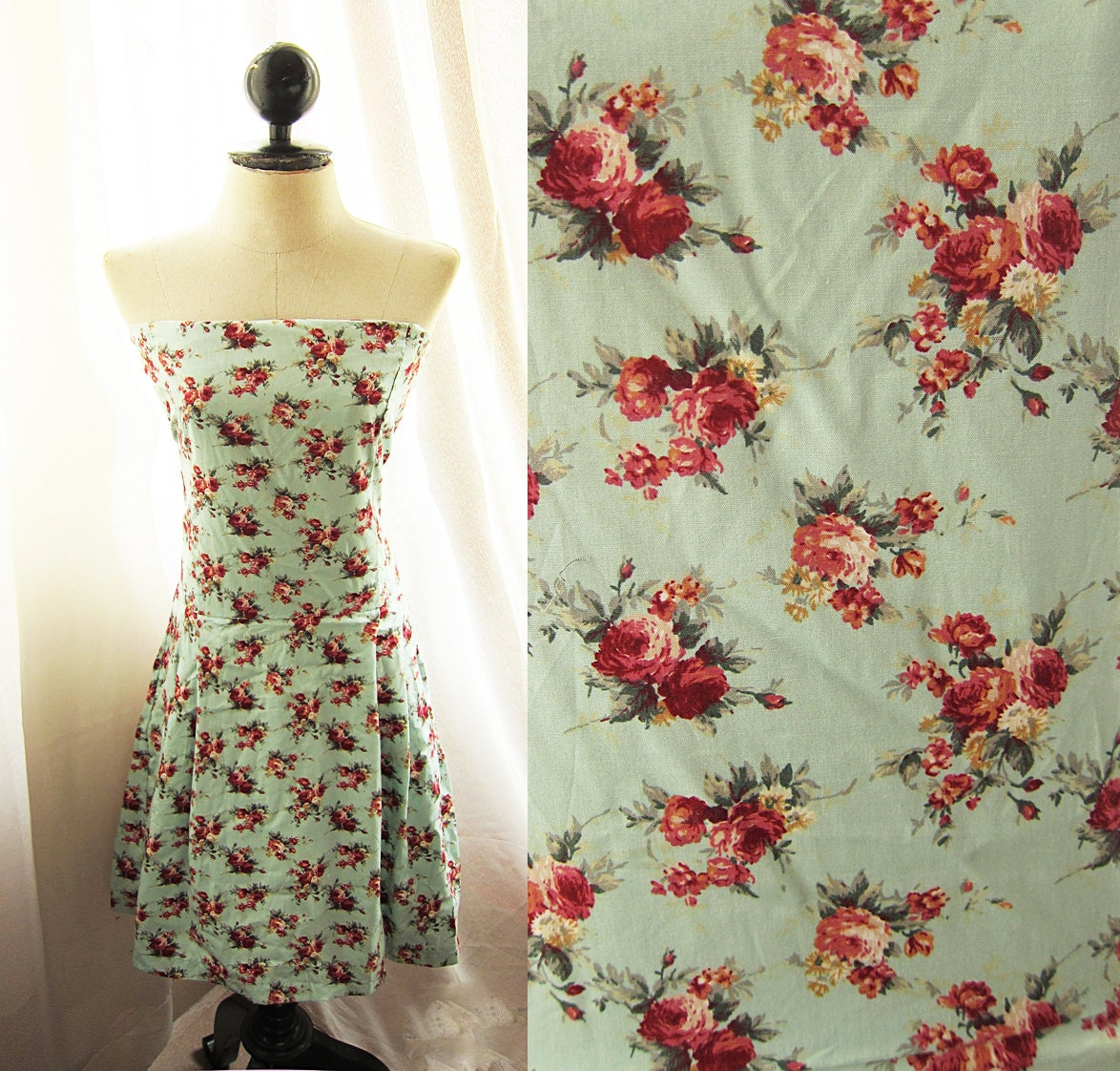 Seafoam Green Quaint Antique Toile Petite Fleur Floral Baby Minty Blue Alice in Wonderland Country Tube Marie Antoinette Jane Austen Dress