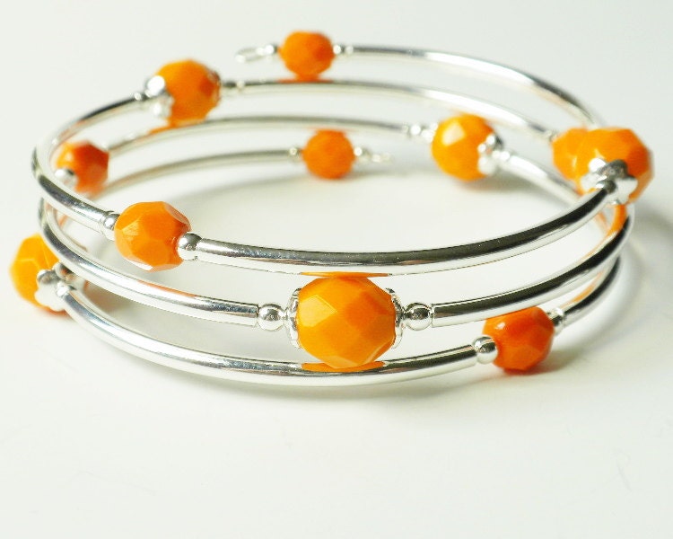 Orange Bracelet on Memory Wire Bangle Style - ReneeBrownsDesigns