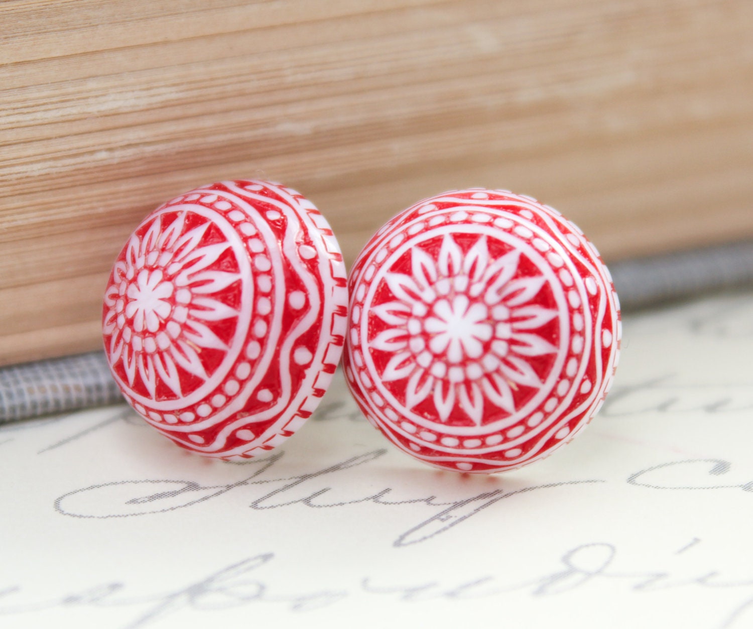 Stud Earrings, Red and White, Mosaic, Vintage Cabochon, Resin Jewelry, Christmas Jewellery, Scandinavian pattern - apocketofposies Stud Earrings, Red and White, Mosaic, Vintage Cabochon, Resin Jewelry, Christmas Jewellery, Scandinavian pattern - apocketofposies