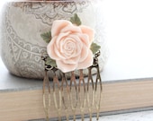 Pink Rose Comb, Metal Comb, Pastel Pink Peach Rose, Spring Accessories, Romantic Shabby Chic Wedding, Bridal Flowers For Hair, Antique Brass