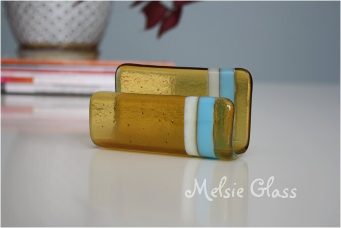 Retro Stripe Amber Glass business card holder with turquoise & cream glass accent stripes