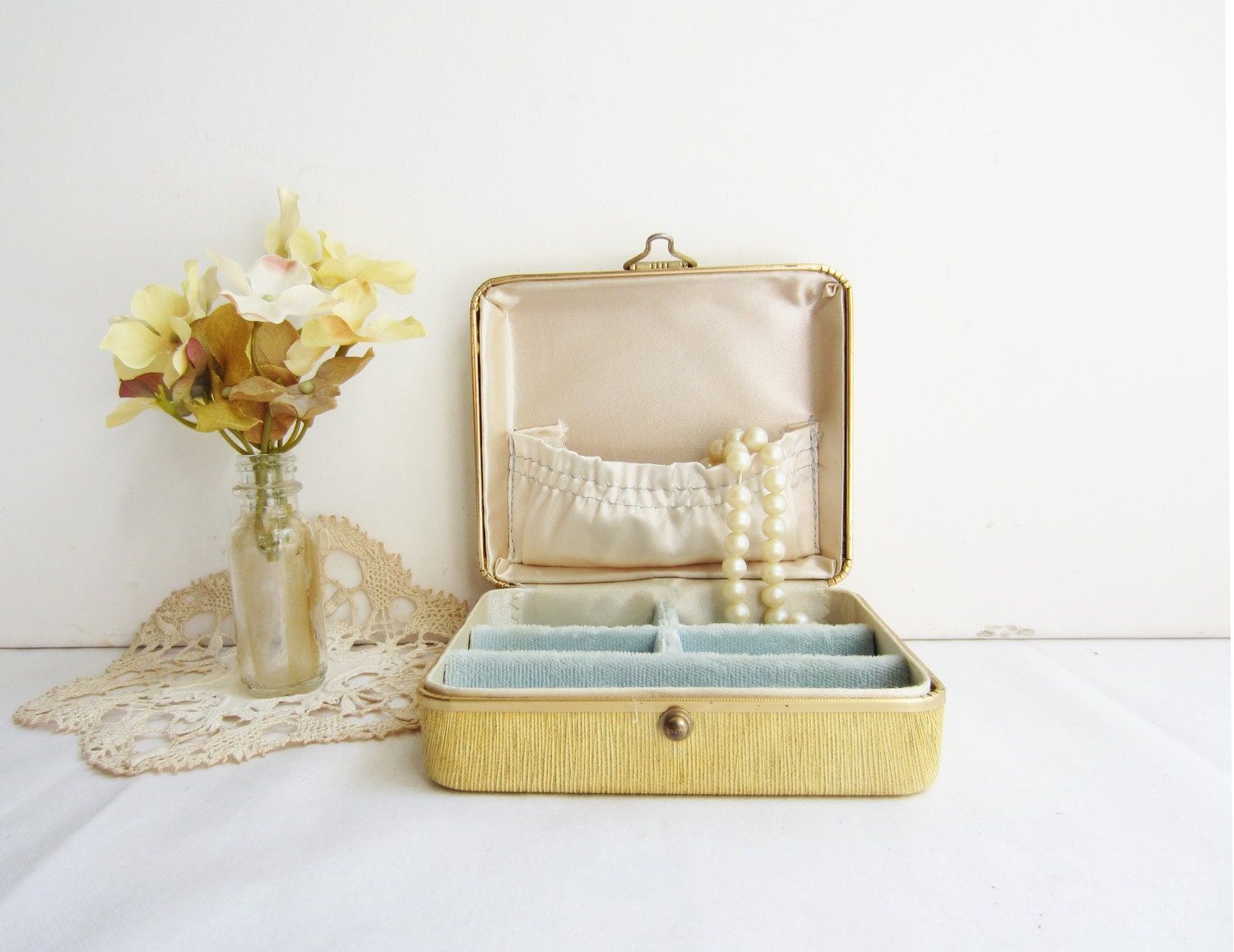 Vintage Small Jewelry Box with Light Blue Velvet - Nice size for travels