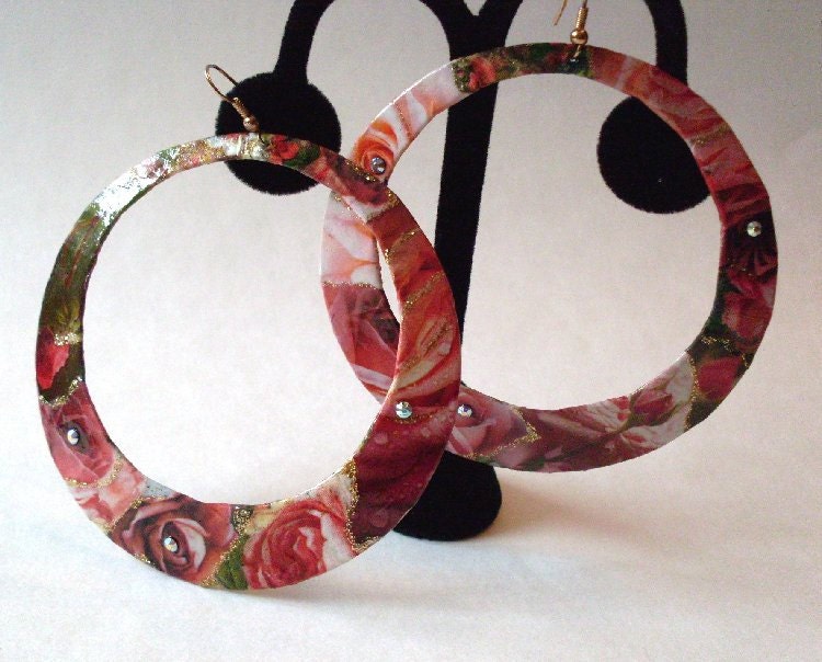 Romantic Rose Garden Hand-Painted Decoupage Hoop Earrings LJO Collection Jewelry