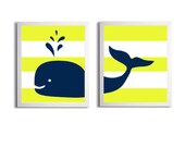 Nursery Whale Kids Room Art Nautical Beach Ocean Sea Prep Stripes Bright Yellow Navy more colors available set of 2 each 11x14