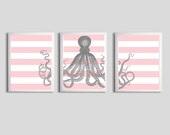 Octopus Ocean Beach Nautical Pink Grey Stripes Set of 3 art prints each size 8x10