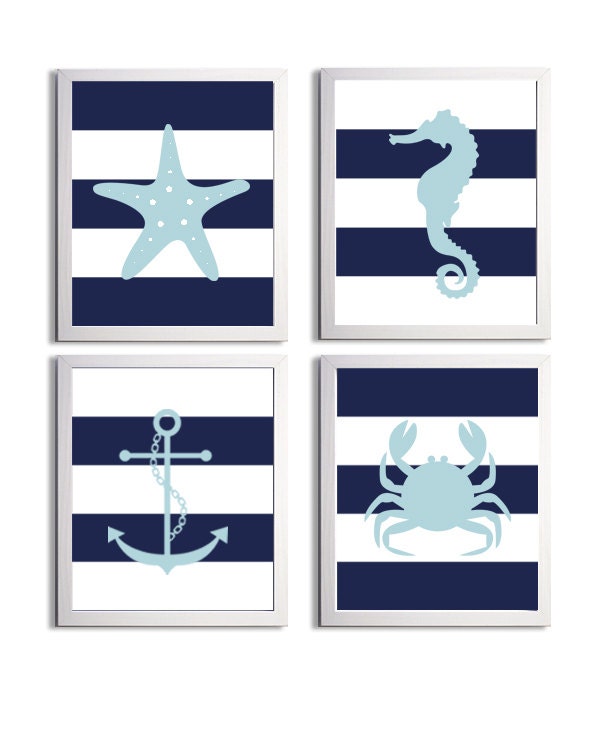 Nursery Art Stripes Nautical Beach Ocean Sea Navy Baby  more colors available set of 4 each 8x10