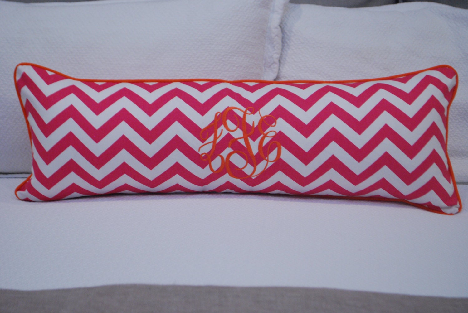 Hot Pink Chevron 14"x36" Lumbar Pillow with Monogram & Cording