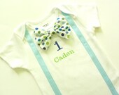 Long or Short Sleeve First Birthday Baby Blue Onesie Suspenders with Matching Removable Bow Tie