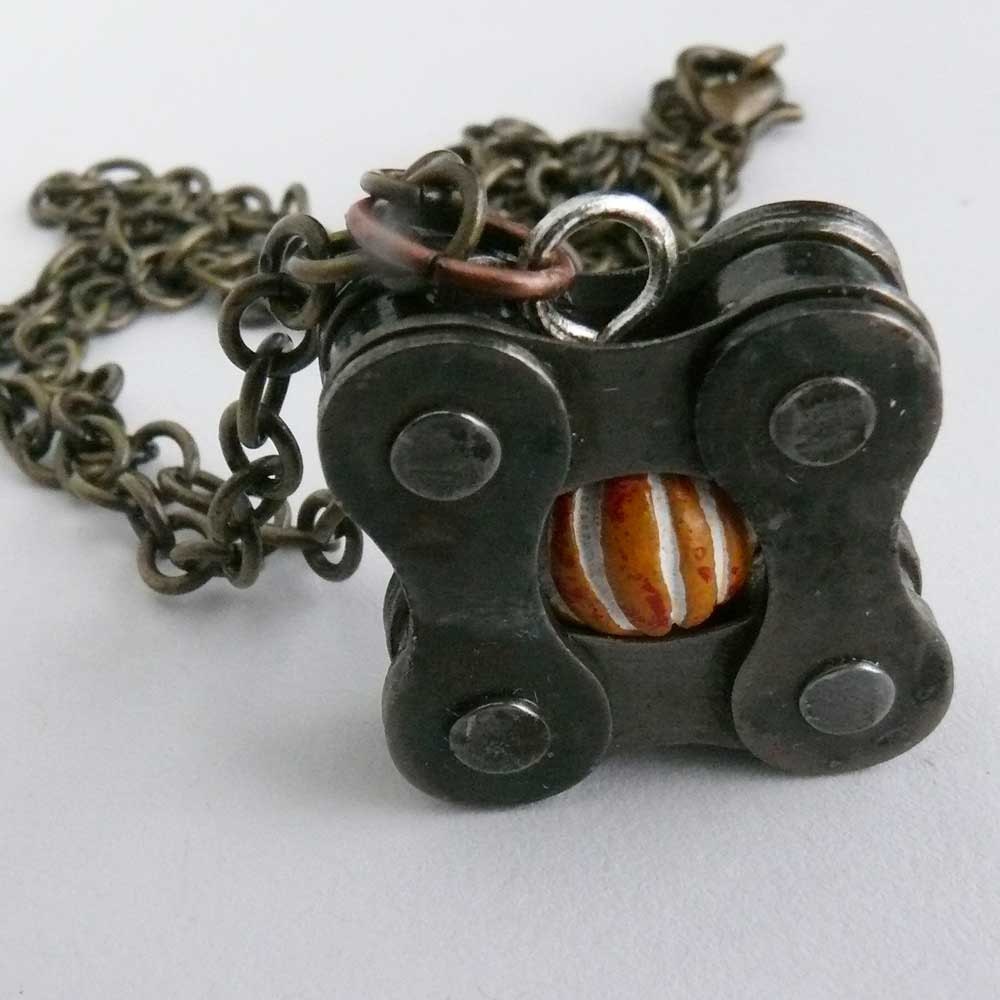 cycling orange recycled bicycle chain bike jewelry pendant