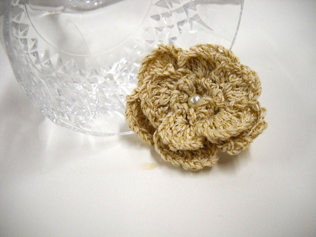 Tiny Gold Flower, Crocheted Brooch Pin, Flower Lapel Pin, Womens Accessories, Scarf Pins, Gold