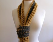 chunky infinity twist loop scarf / cowl - slate gray and gold yellow - tunisian crochet