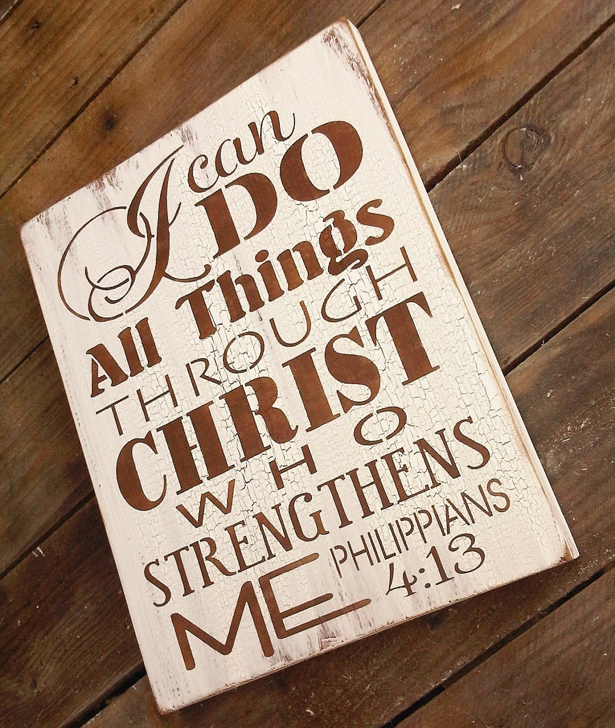 Scripture Sign, Kitchen Sign "I can do all things through Christ who strengthens me" - typograpy subway art style handpainted sign