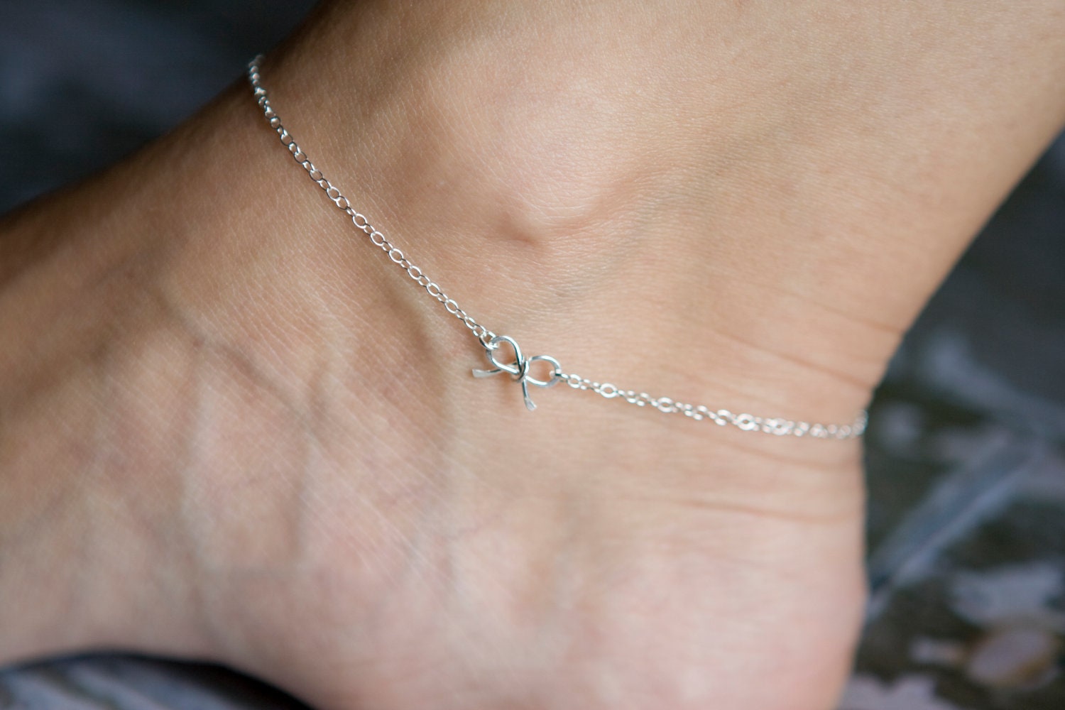 Sterling Silver Bow Anklet - Tiny Petite Wire Bow - Ankle Bracelet