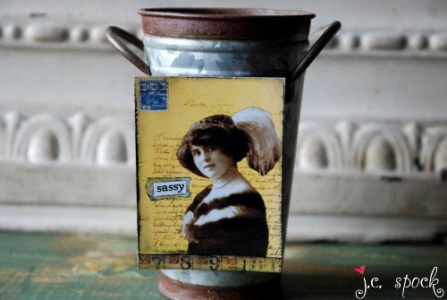 Mixed Media Art Magnet: Sassy Vintage Lady flexible fridge magnet - Folk Art, Vintage Photo Art, Vintage woman, ivory, tan, sepia