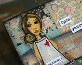 Original Art Painting: 5x7 Vulnerable Girl, Original Mixed Media Art, Whimsical Art, Folk art, close to her heart, pink, peach