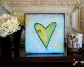 Original Art Painting: 8x8 Generous Energy Heart Original Mixed Media Collage, mixed media, mixed media heart, aqua, turquoise, purple