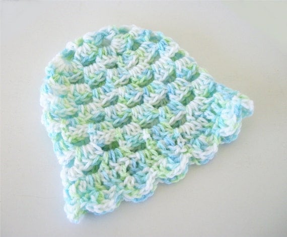 Boy Newborn Baby Hat in Blue, Green, and White Granny Style