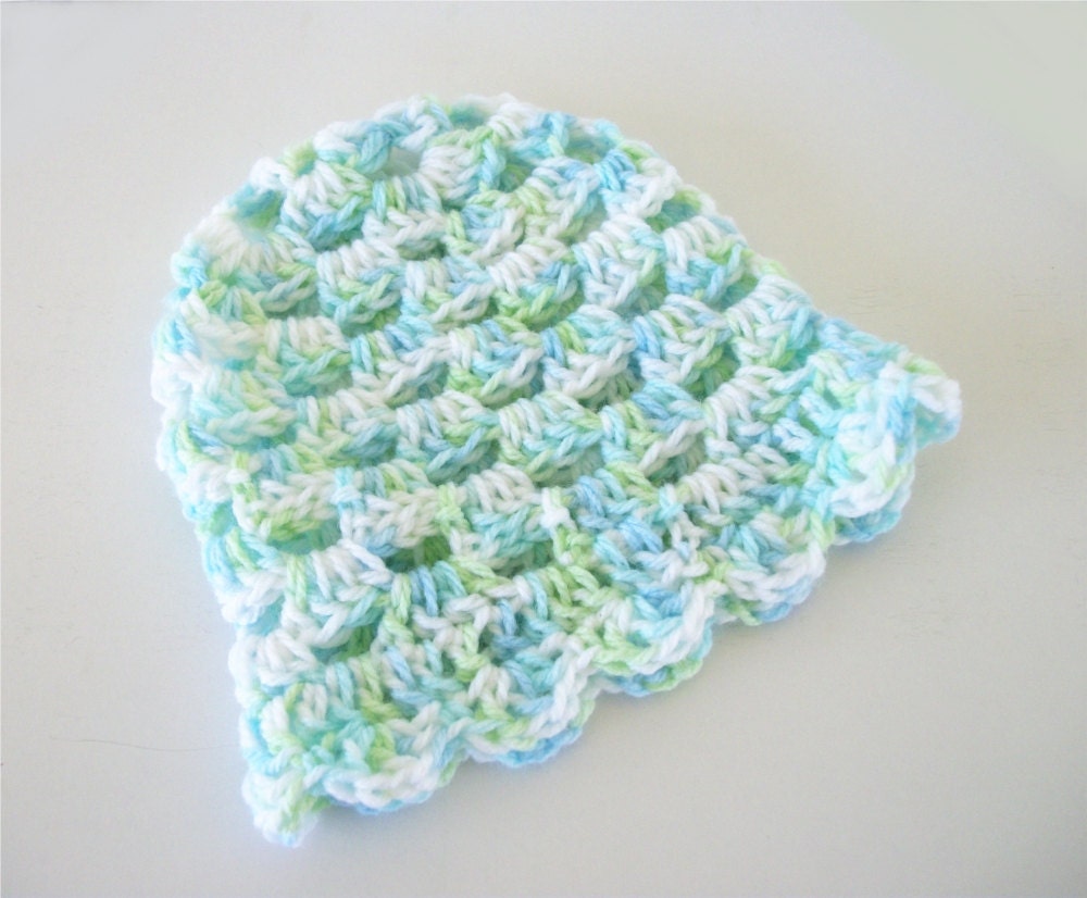 Boy Newborn Baby Hat in Blue, Green, and White Granny Style