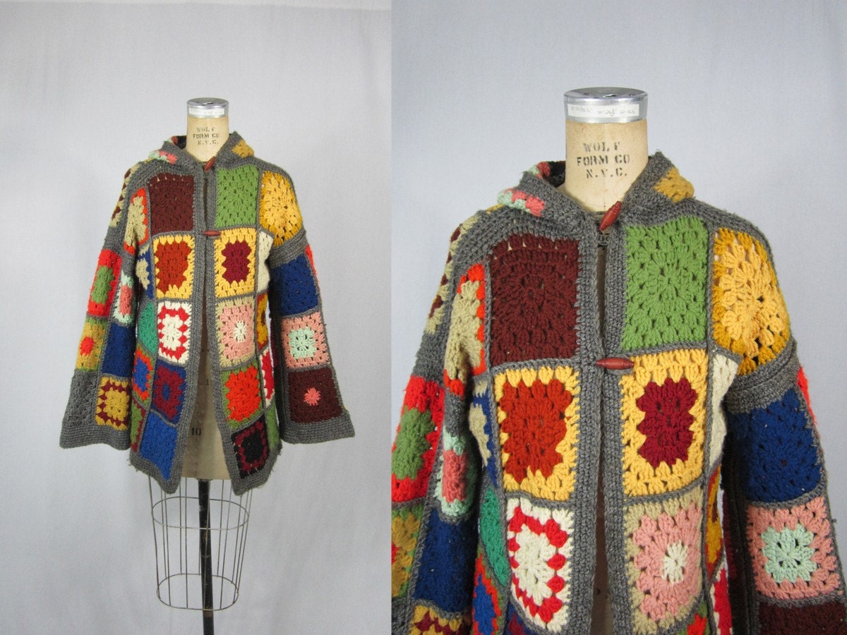 1970s Patchwork Sweater / Quilted Crochet Technicolor Dream Coat / Medium Large