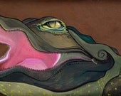 art print, alligator with zipper teeth, couture, green, brown painted birch wood.