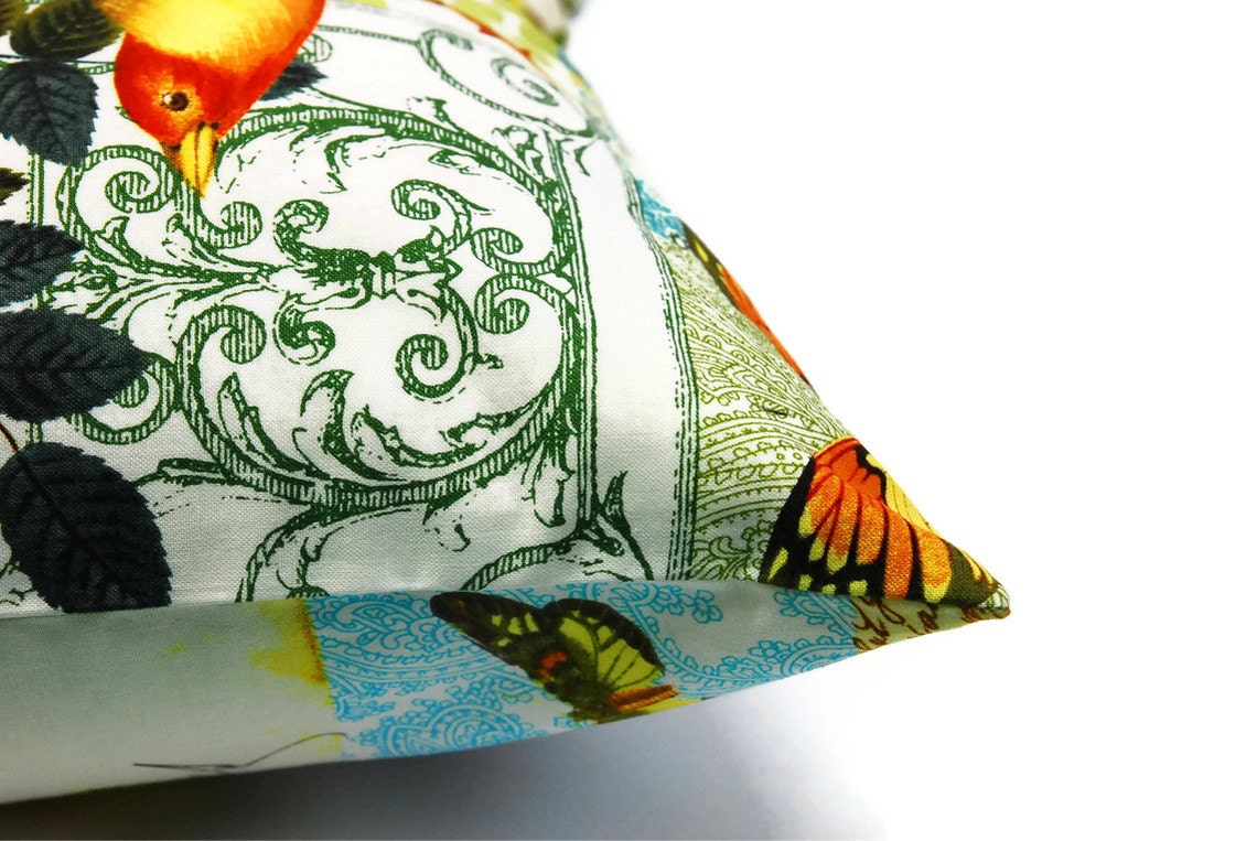 Birds and Flowers - Decorative Pillow cover, 18" x 18" cushion cover, throw pillow, envelope closure