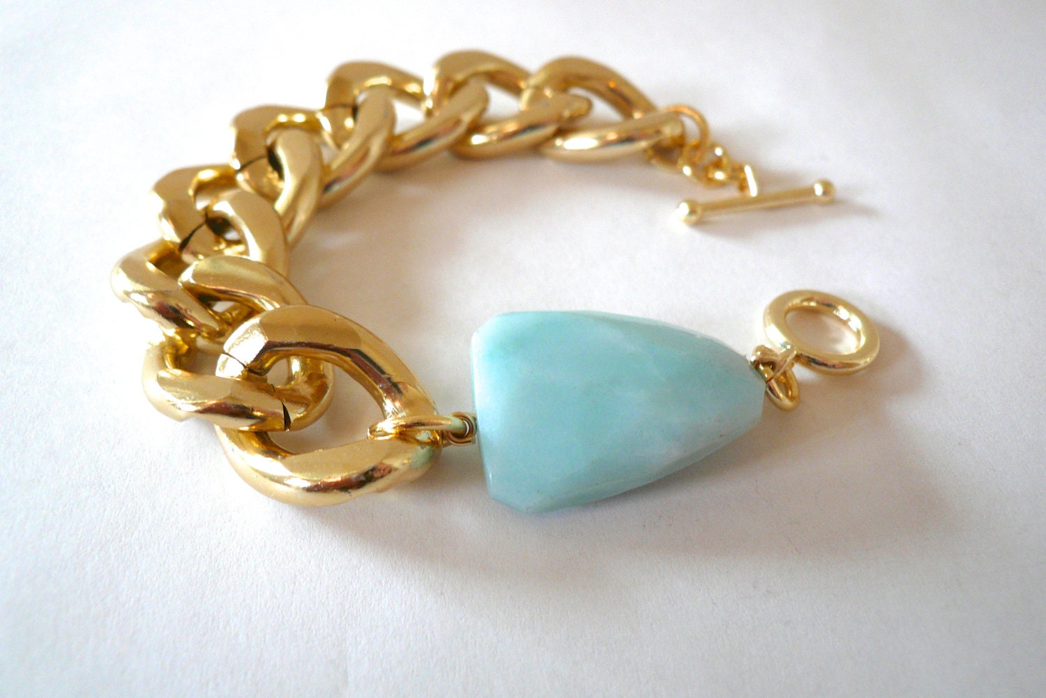 Chunky Gold Chain Link Bracelet With Faceted Mint Green Amazonite