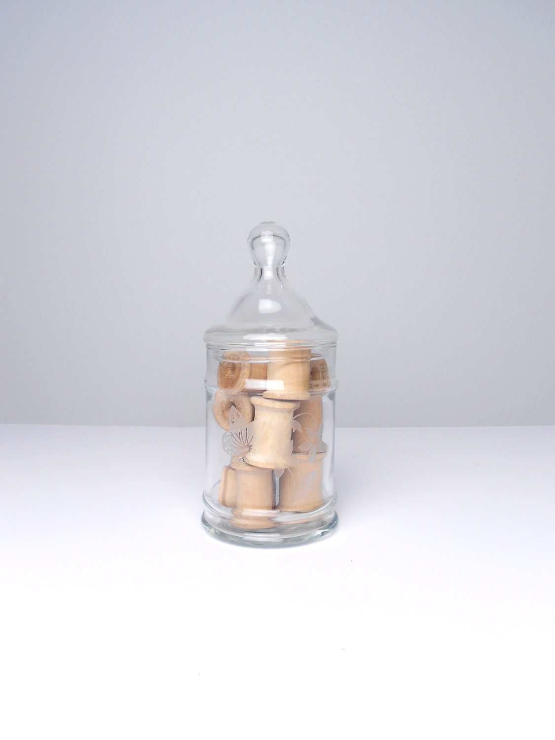 sale...glass flowers and butterfly apothecary jar // etched