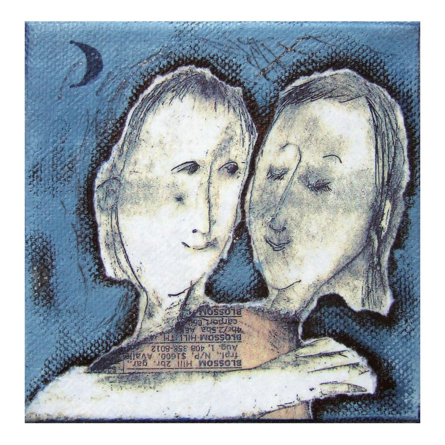 LOVE original  mixed media gift figurative canvas 4x4 portrait couple
