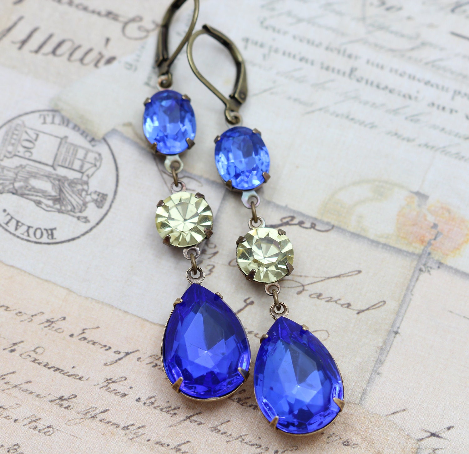Sapphire & Jonquil Bridal Earrings Yellow Blue Long Vintage Earrings - Wedding Jewelry Bridesmaids Clip On Available