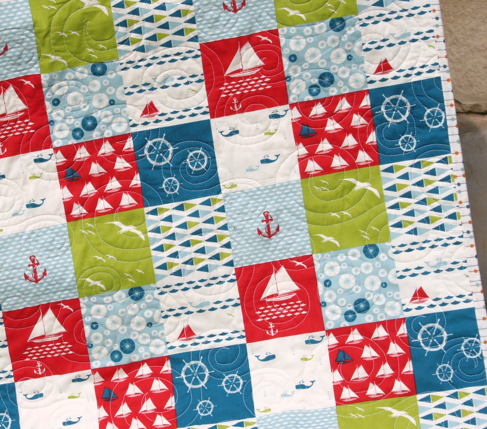 Organic Baby Quilt Set Sail Baby Boy Nautical Blanket Patchwork