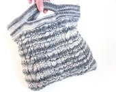 Grey hand bag hand knitted in black grey white Merino yarn , womens cable clutch purse fully lined in upcycled felted lambswool -