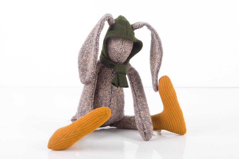 Easter Bunny - Small knitted silk rabbit Wearing Dark green wool Hood and Golden Copper socks - timohandmade Eco Stuffed Doll
