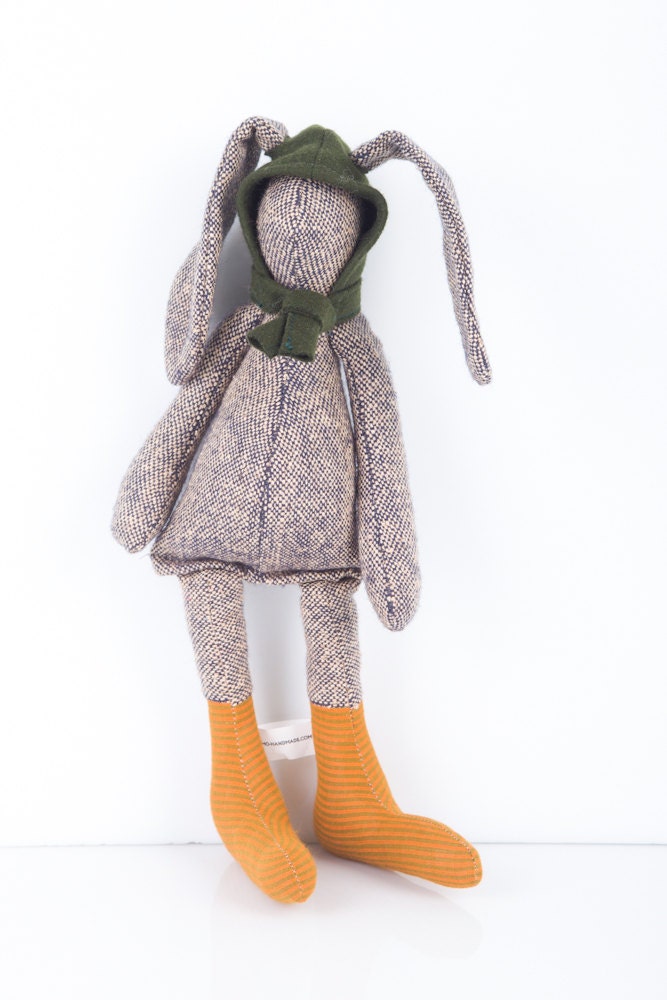 Easter Bunny - Small knitted silk rabbit Wearing Dark green wool Hood and Golden Copper socks - timohandmade Eco Stuffed Doll