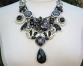 Statement Necklace, Reclaimed Vintage Jewelry, Black, Silver, Rhinestone, Reclaimed Cluster Earrings, Charm Necklace - Evening Mist