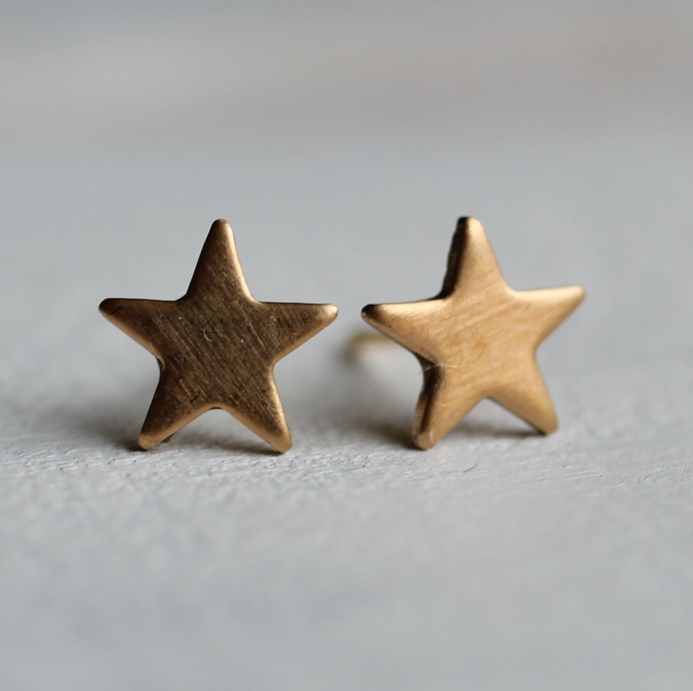 Star Earrings ... Space Planet Astrology Tiny Gold Post Vintage Brass Studs