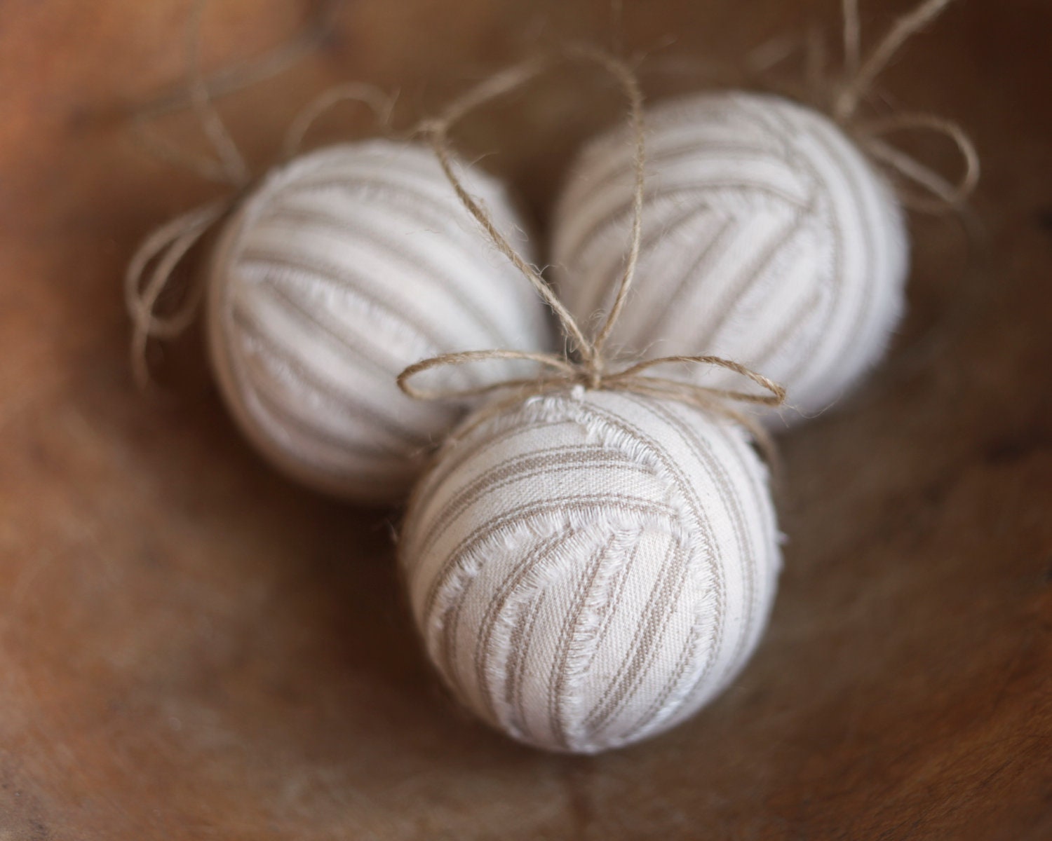 RagBall Ornaments - Rustic, Natural Cotton Ticking - Set of 3