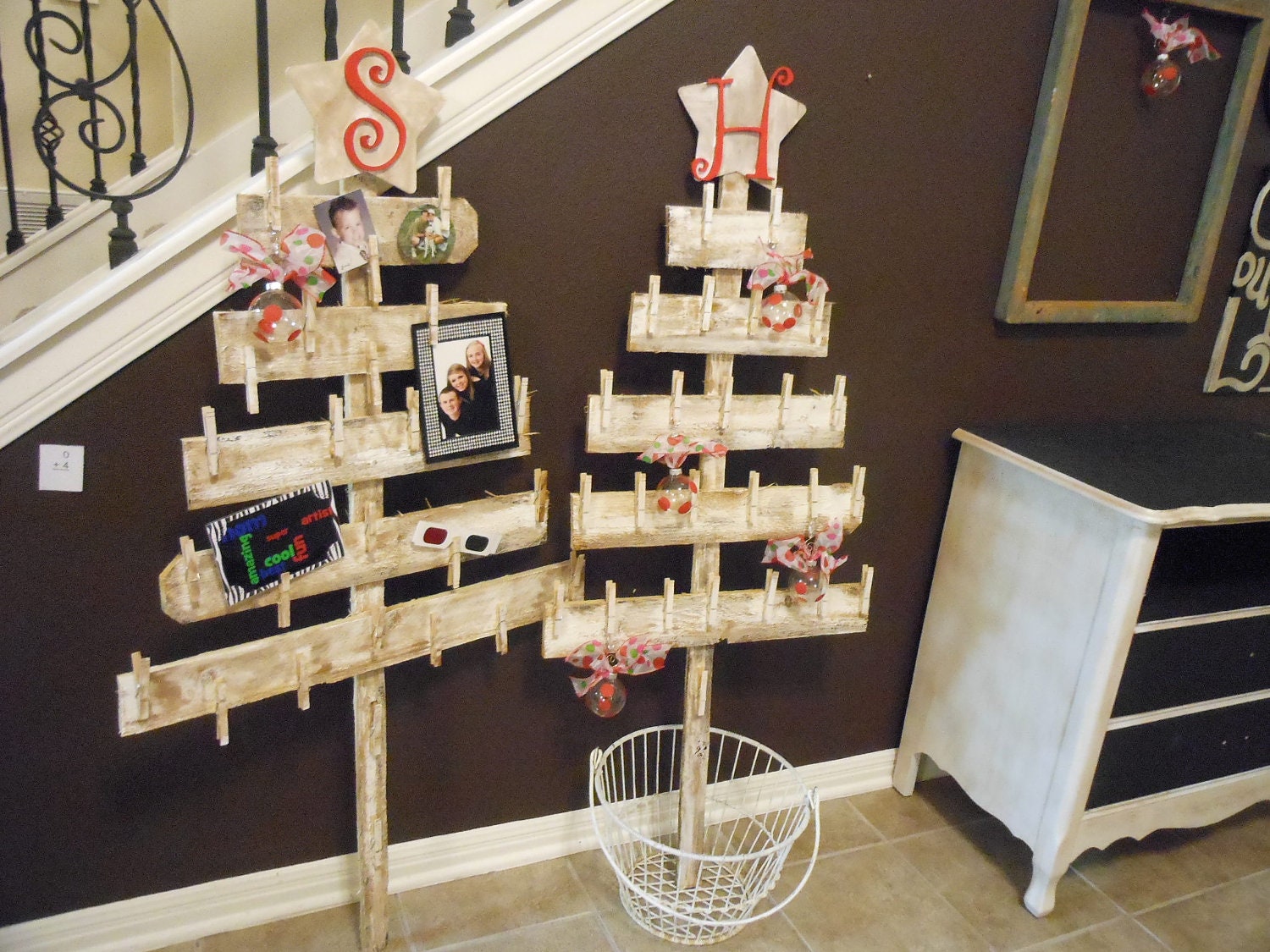 2 Christmas Card Holders over 4 feet tall with clips MAde from old fence pickets Use for Advent Calendar too BEST EVER
