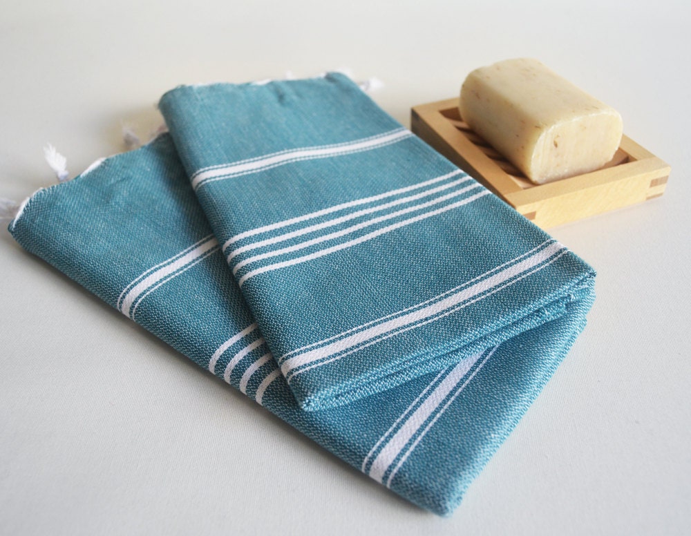 SET 2 Head and Hand Towel Peshkir - Oil Blue (white striped)