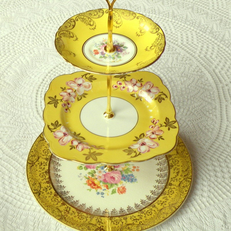 Alice Loves Summer, Sunshine Yellow Cupcake Stand of Vintage China, 3 Tier Display for Garden Wedding or High Tea Party Centerpiece
