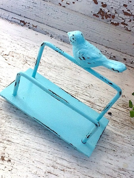 Aqua Bird Business Card Holder - Sea Bliss Bleu - Distressed Metal Decor - Bright Shabby Chic - Robins Egg Blue - Soft-Summer Trends