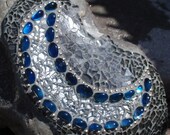 Silver and Blue Crescent Moon -Mosaic on Rock  / Garden Stone