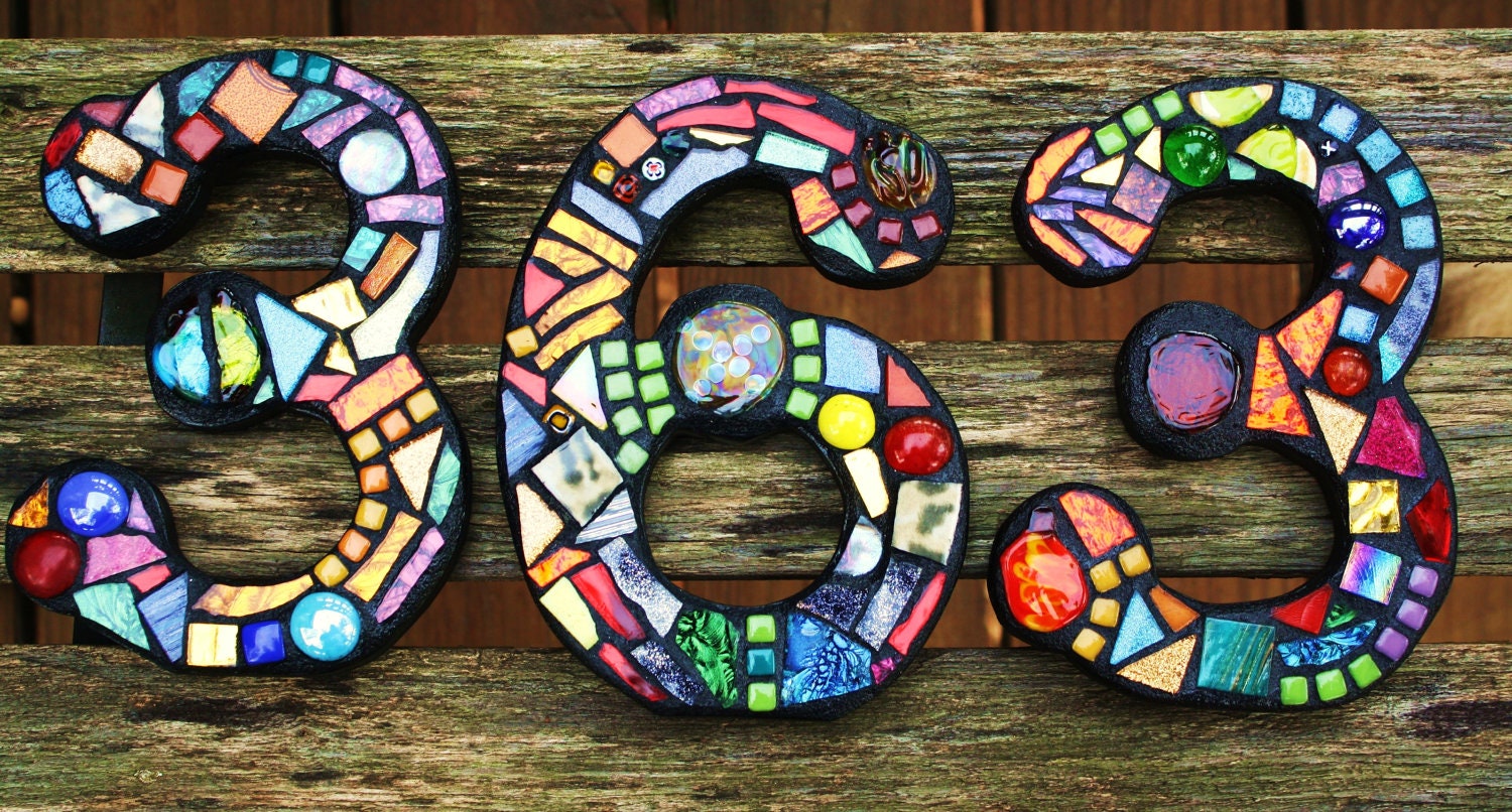 Custom Made Stained Glass / Mixed Media Mosaic House Numbers - Wild & Funky Colors and Shapes