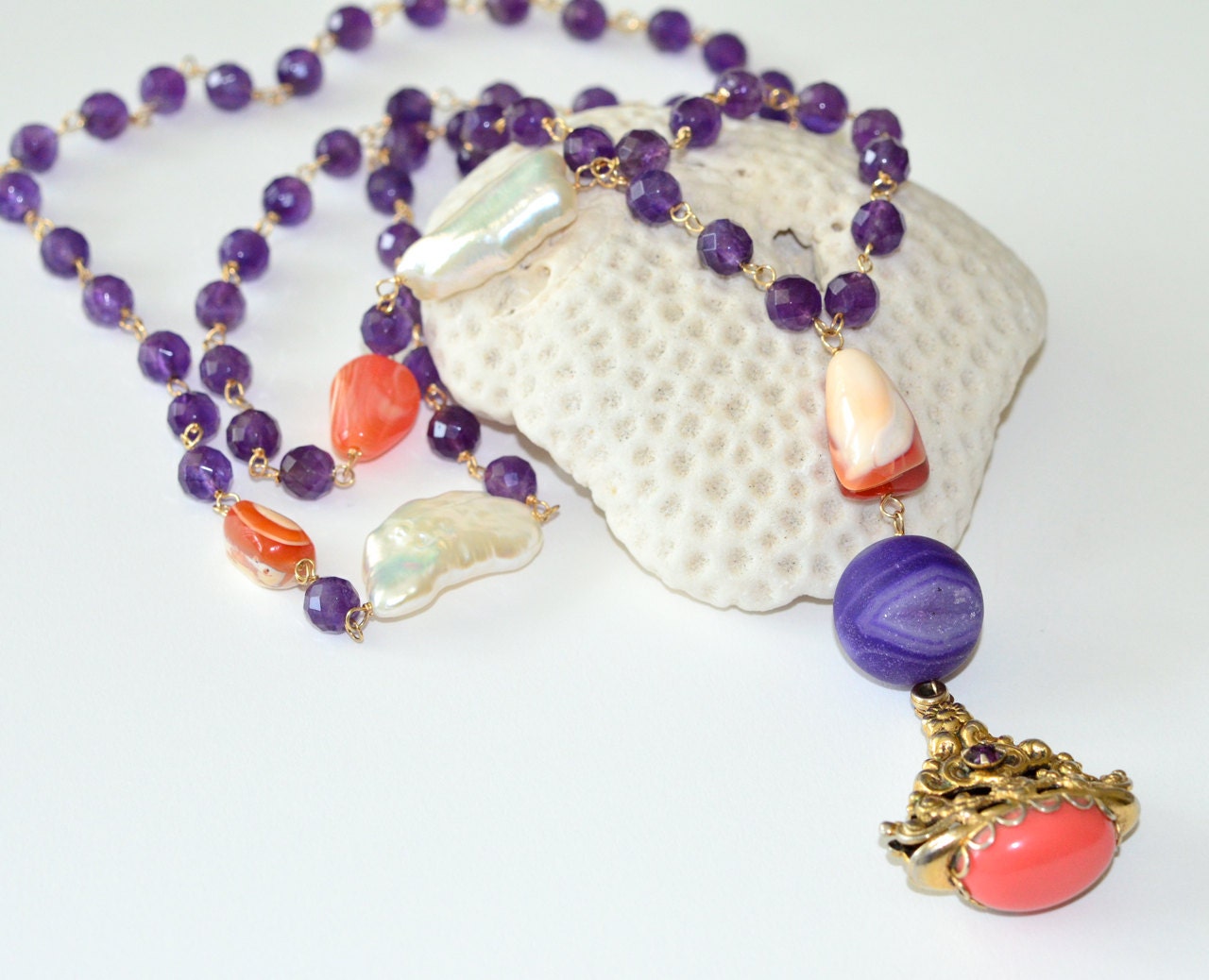 Vintage Pendant Amethyst Biwa Pearl Mexican Fire Opal Agate Asymmetrically Necklace