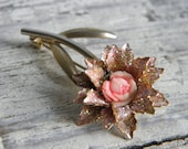Upcycled Vintage Gold Rose Brooch Button Center Sprinkled Glitter Cottage Shabby Chic Whimsical Magical Fairy Dust Pink