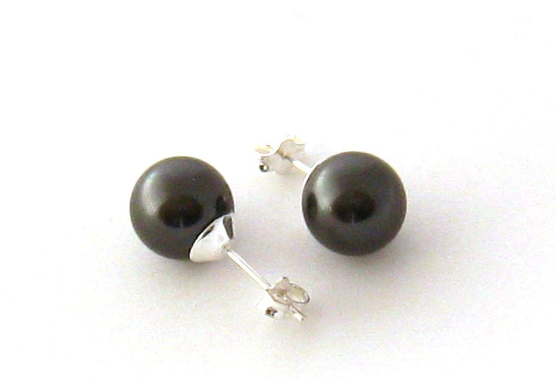 Black Pearl Earring Studs Sterling Silver 10 mm Large Pearl Earrings, Sweet 16, Pearl Ear Studs, Wedding Jewelry, Bridesmaids Gifts