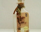 Altered Vintage Glass Bottle Victorian Photo and Perfume Label Sepia and Gold - RobinsArtAndDesign