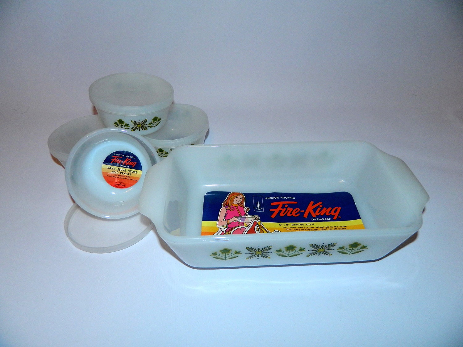 vintage 1960s Fire King baking dish ramekins Meadow Green Anchor Hocking NOS