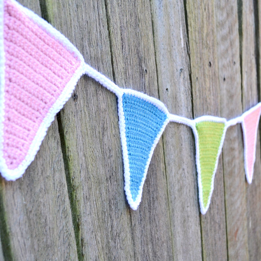 Crochet Bunting Flags Banner for Baby Shower Birthday Party Wedding - Blue Pink Green