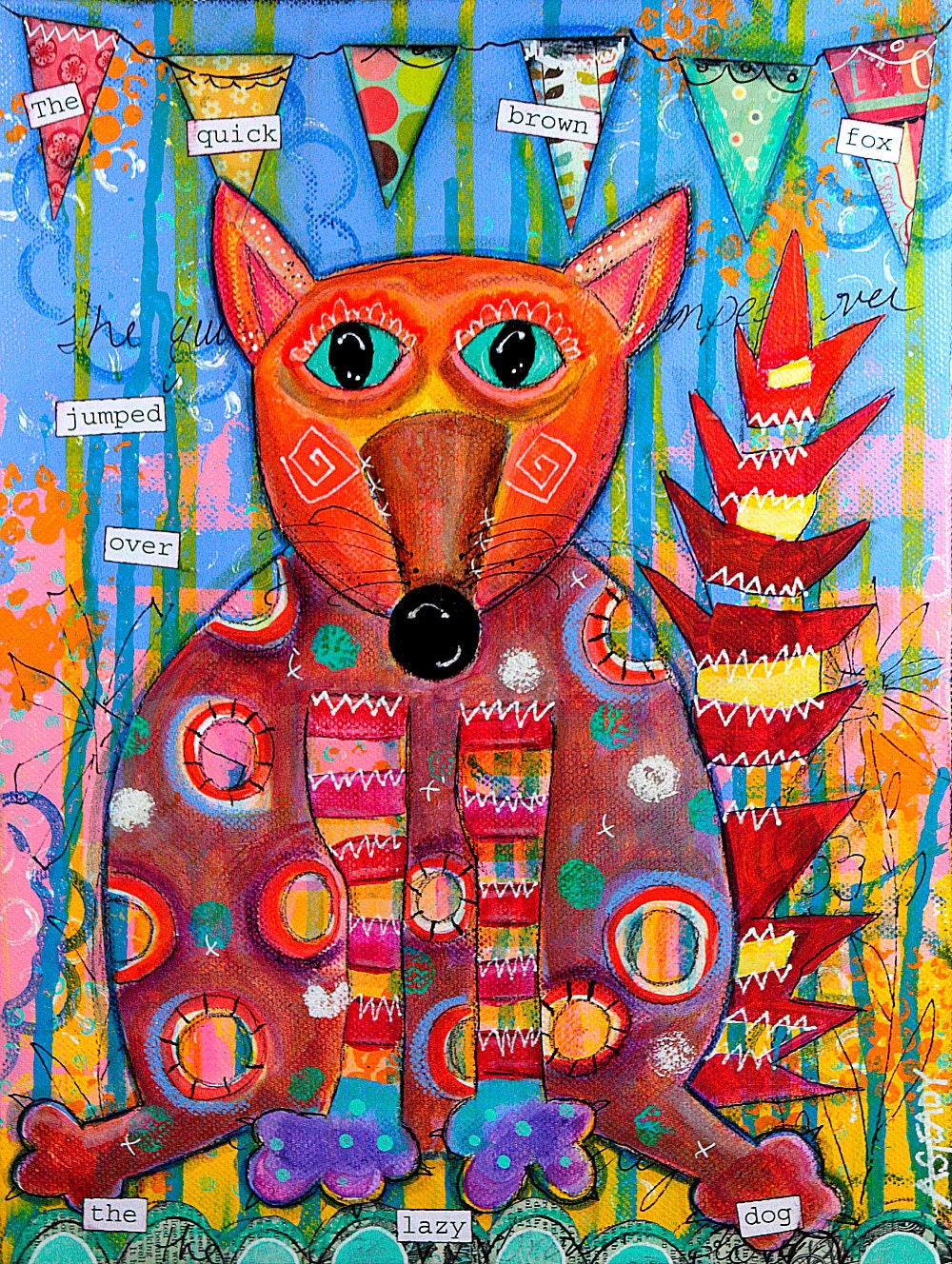 Original Fox Artwork Acrylic Painting 'The quick brown fox jumped over the lazy dog' on Etsy (9x12 on canvas)